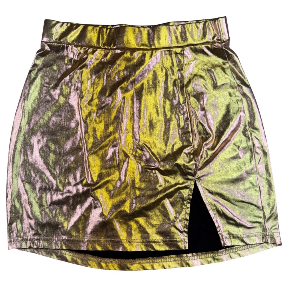 SHEINSXY Metallic Gold Mini Skirt‎ High Waisted Side Slit Festival Rave Size S